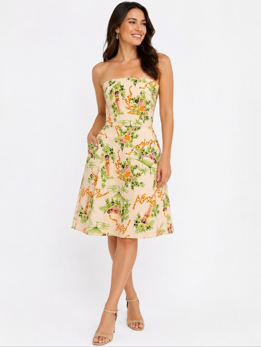 Zinc Strapless Hawaiian Pinup Print Dress Pockets Size 11 USA